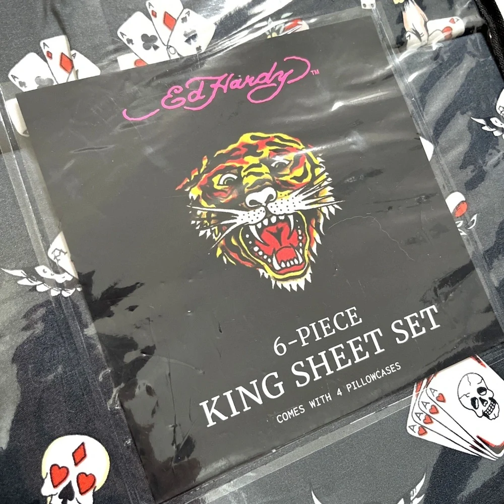 NWT Ed Hardy 6pc KING Sheet Set Skull Poker Cards Dice Americana Tattoo Bedding